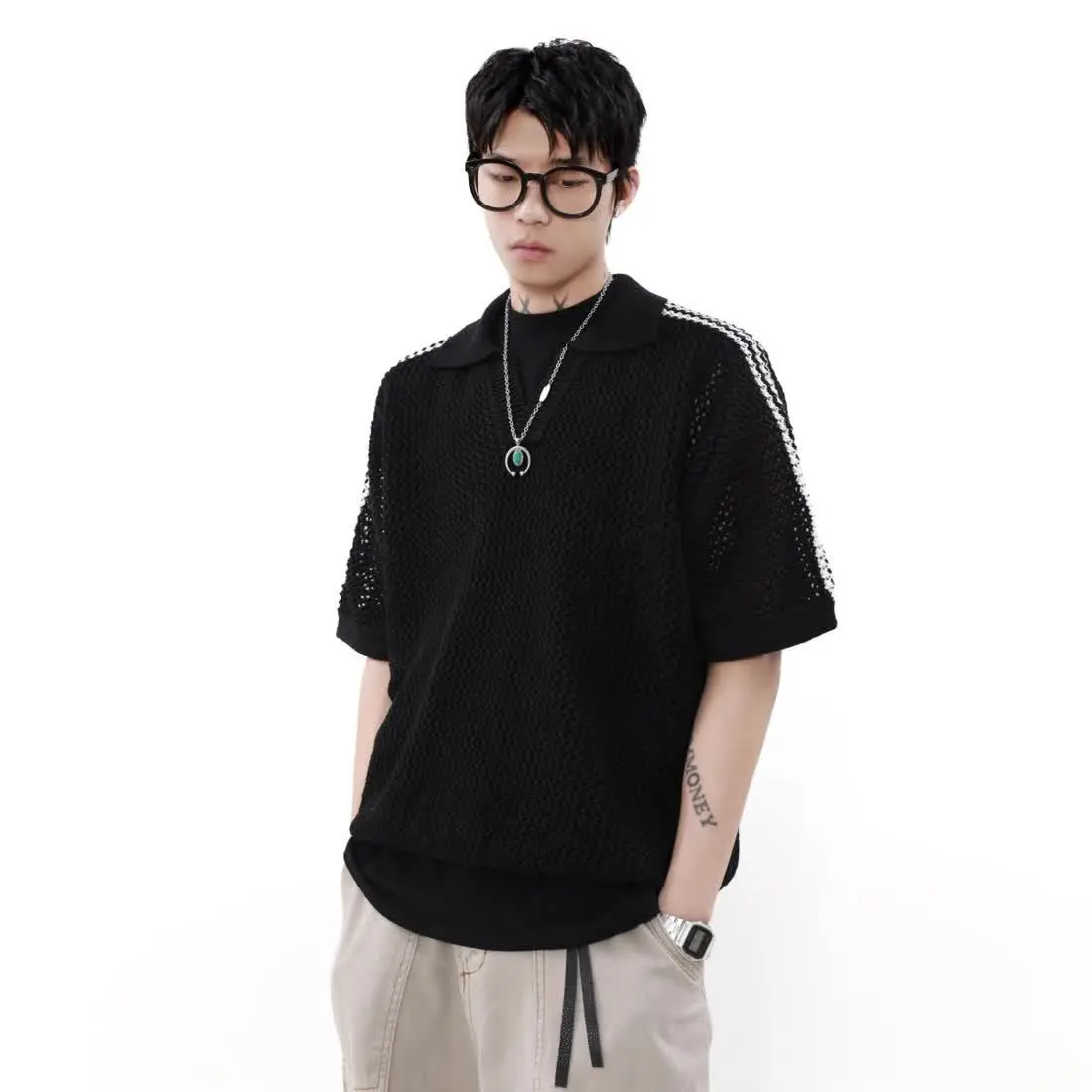 American Retro Hollow Mesh Short-sleeved Knitted POLO Shirt Men's Summer Breathable Sports and Casual Lapel Loose Top