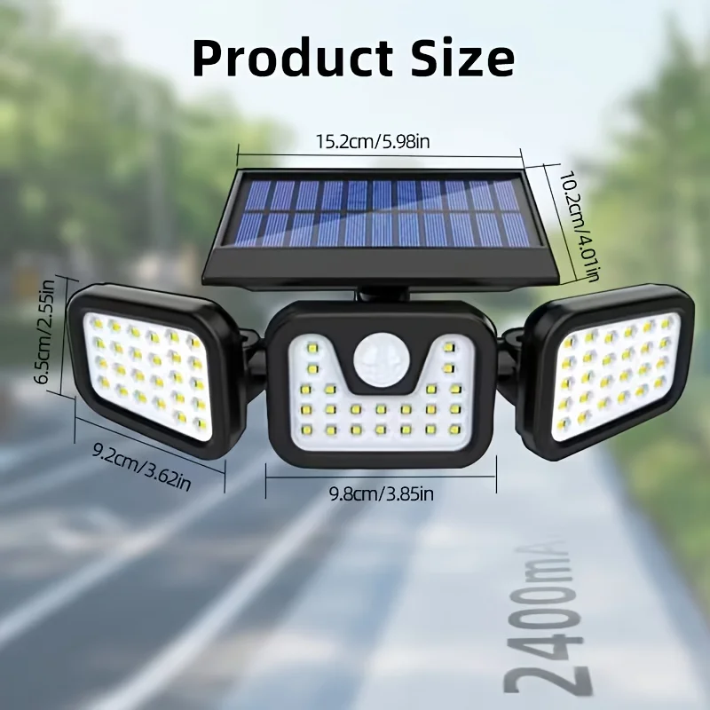3-Piece Solar-Powered Outdoor Floodlight Set: Three-Head Adjustable LED Security Floodlights, Waterproof Wireless Wall Lights
