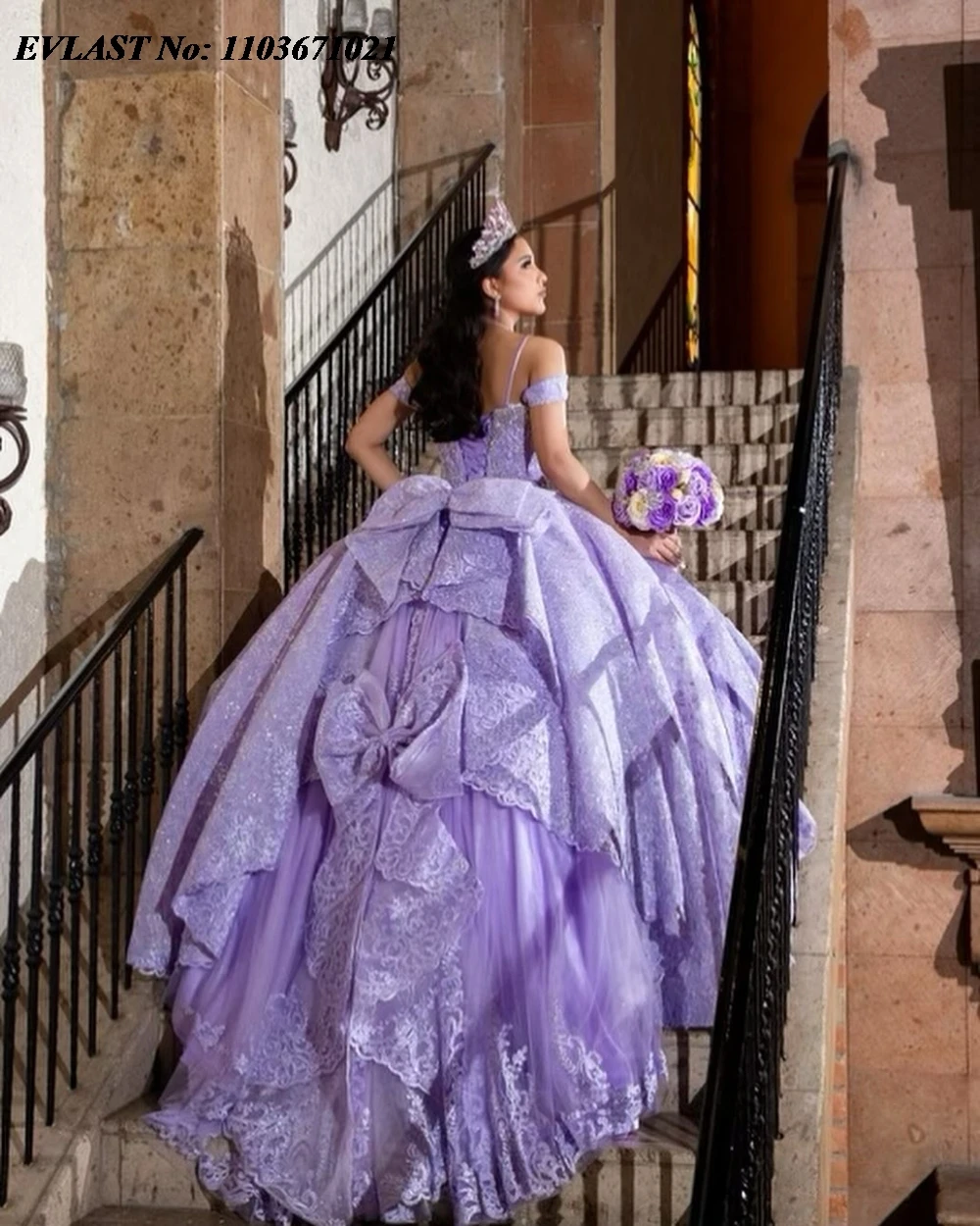 Evolt personalizado lilás quinnceanera vestido de baile brilhante applique miçangas arco espartilho capa doce 16 vestidos de 15 anos sq697