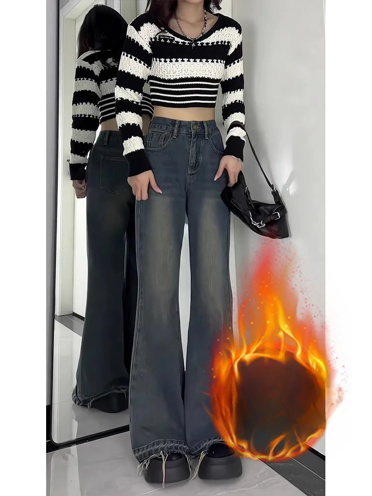 

2024 Women Autumn Winter Vintage High Waist Flare Jeans Pant Female Loose Casual Pants Ladies Streetwear Denim Trousers L291