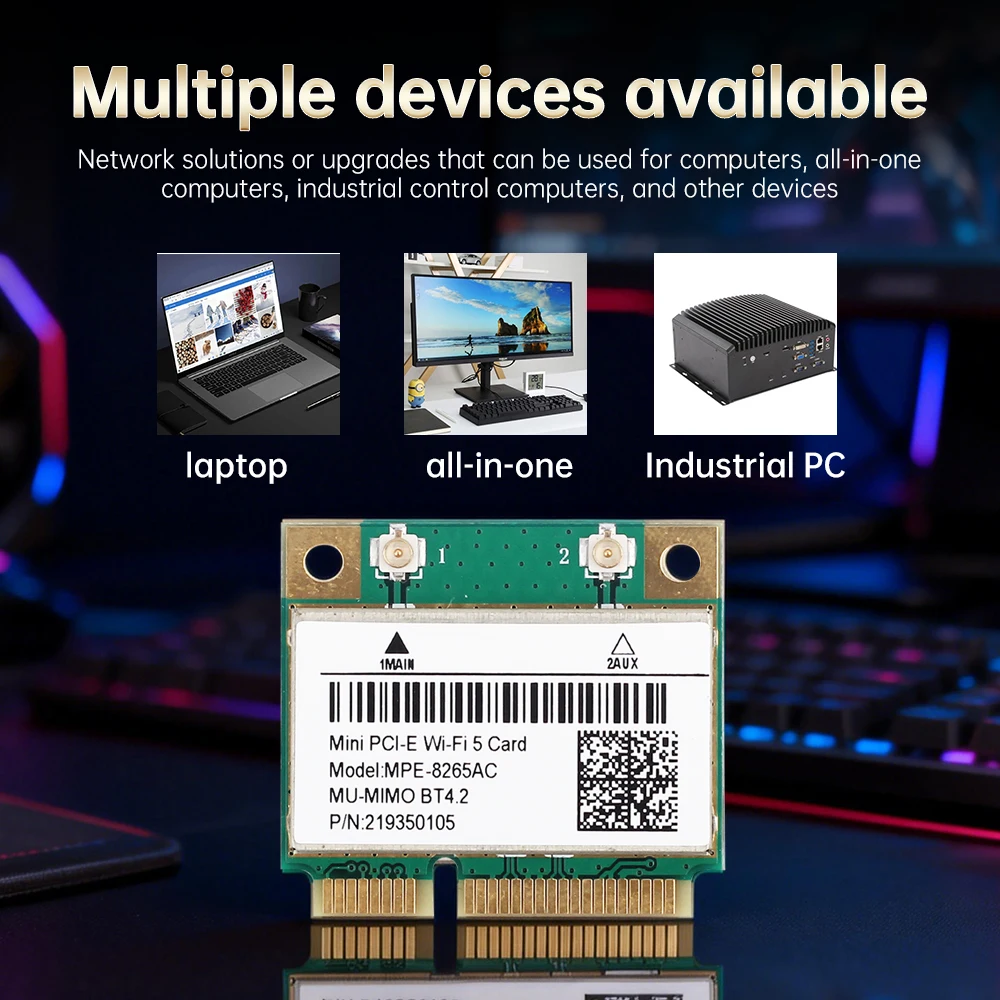 Mini PCI-E WiFi 5 Card 1200Mbps Dual Band 2.4G/5GHz Bluetooth 4.2 802.11ac Wireless Adapter MU-MIMO for Laptop Notebook PC