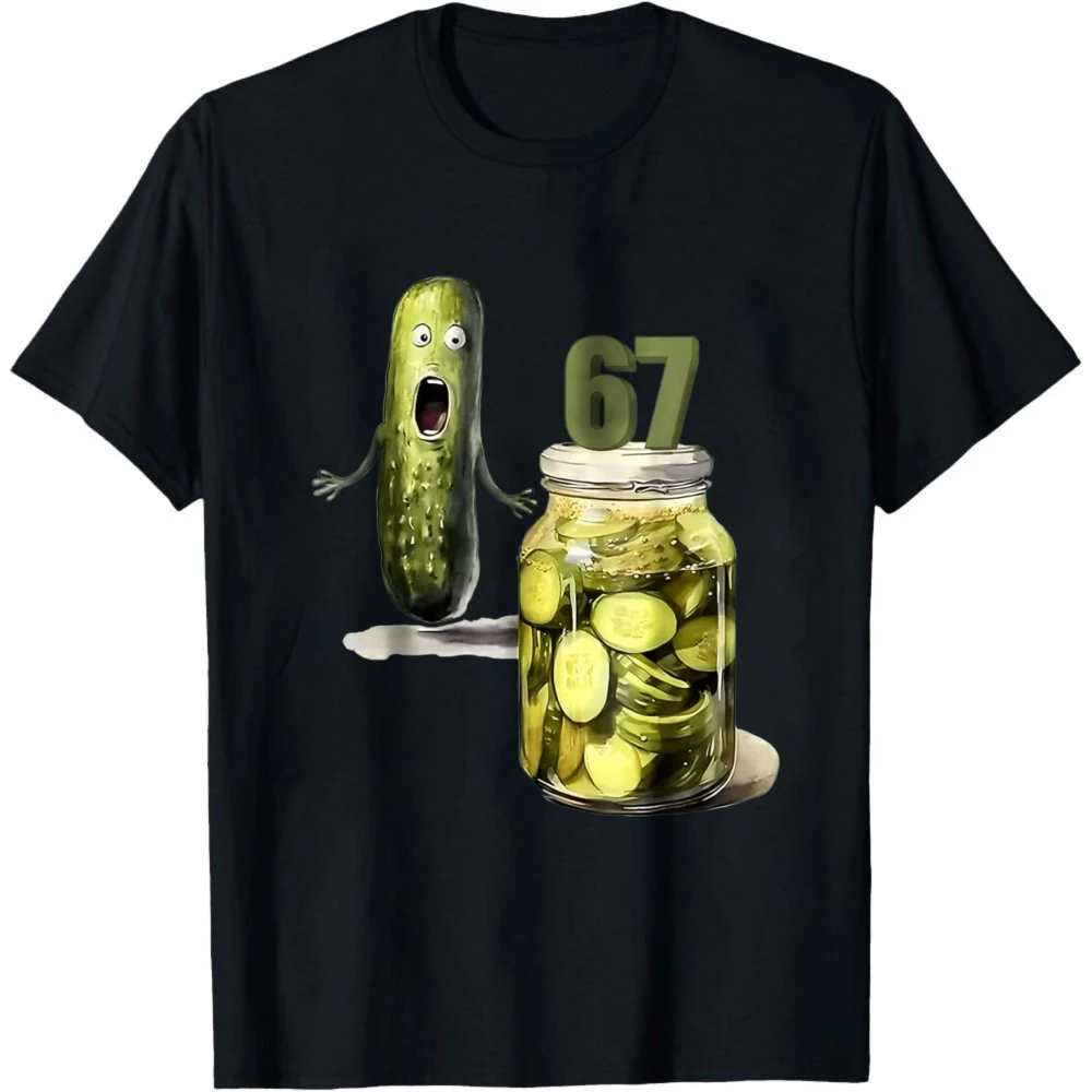 Funny Pickle Cucumber 67 Graphic T Shirt Men Casual Short Sleeve Tee Novelty Vegetable Jar Cartoon Print Streetwear Tops Gift