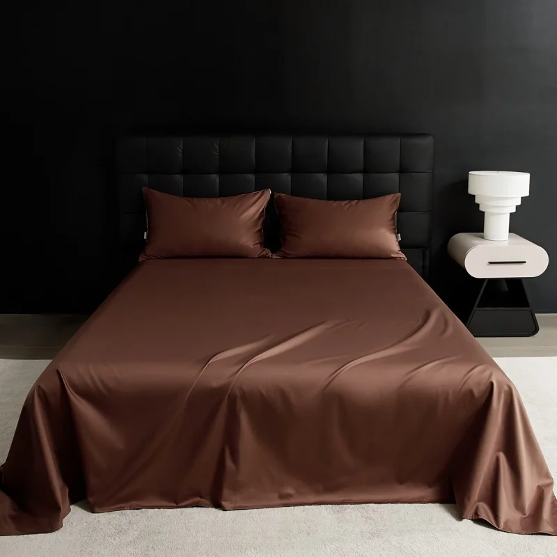 3pc Coffee Color Flat Sheet Set 100% Lyocell Bed Sheet with Pillowcase Luxury Solid Breathable Cooling Silky Textured King Sheet