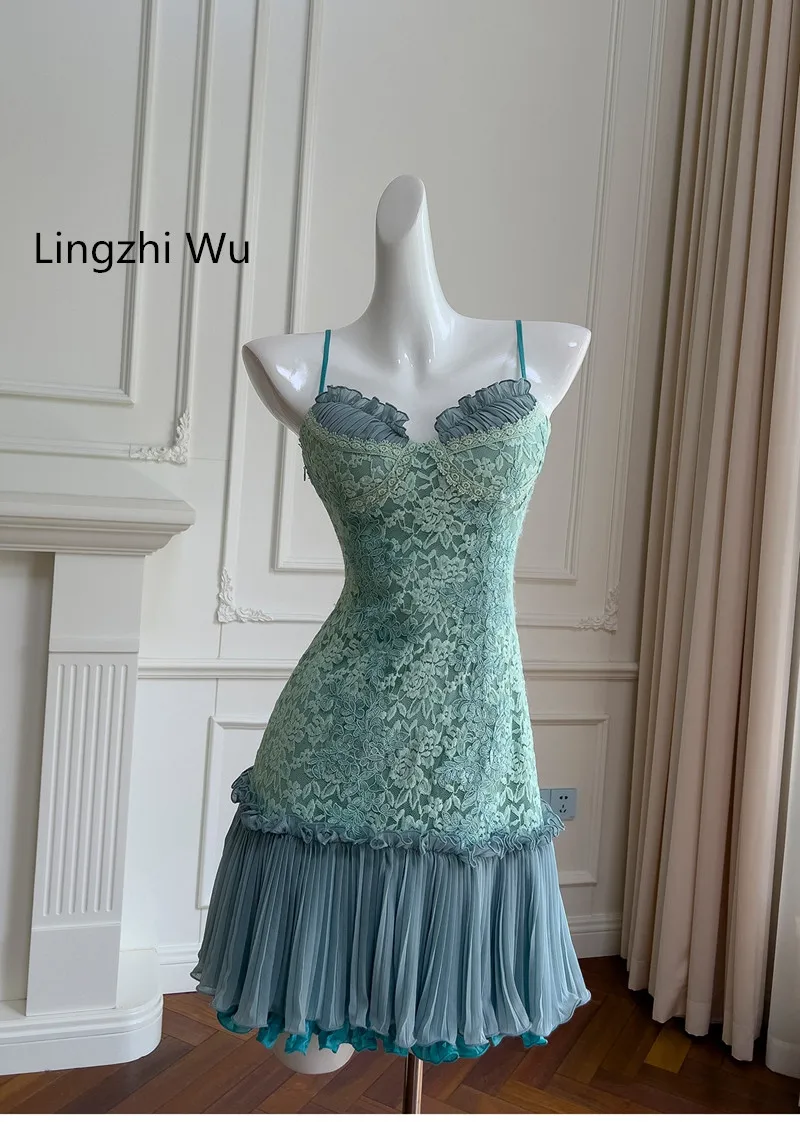 Lingzhi Wu French Vintage Strapless Dress, Blue, Green, Lace Spaghetti Strap, Pleated Dresses, Formal Short, Sweetheart Neck