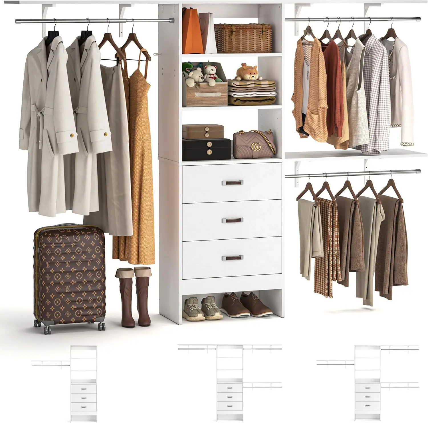 8FT Closet System, 96'' Closet Organizer System with 3 Hanging Rods, Wall Mount Bedroom Wardrobe with 3 Drawers Walk-in.