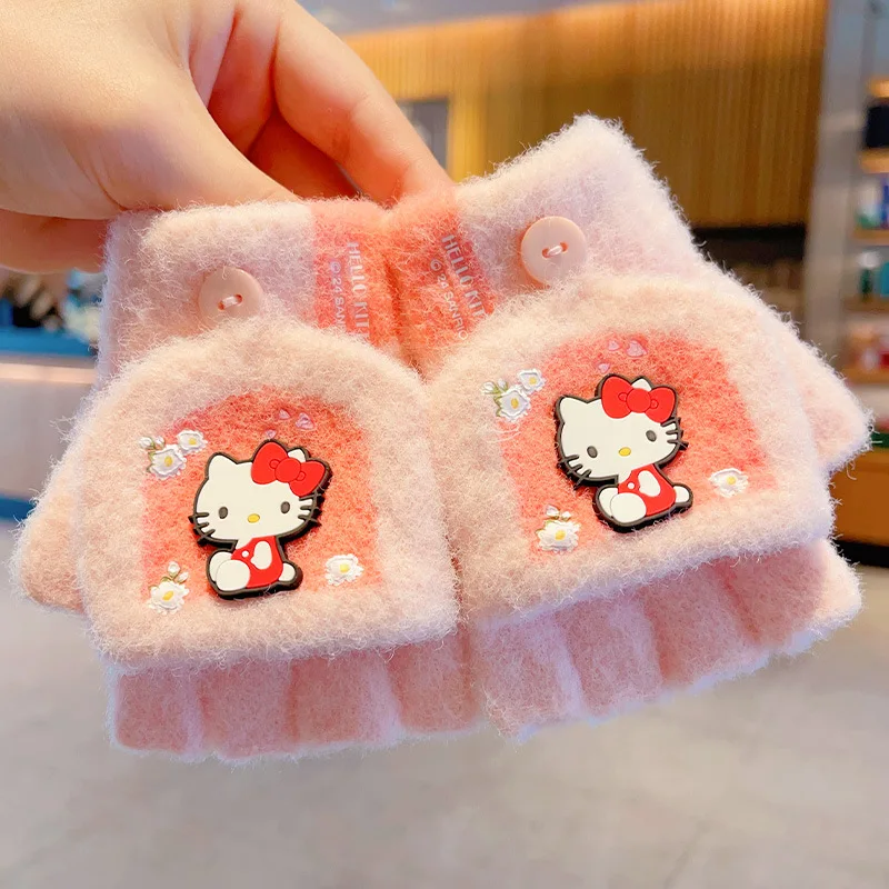 Kuromi children's gloves autumn and winter girls cute cartoon padded five-finger sets girls windproof warm one-finger gloves