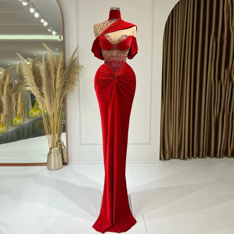 Thinyfull Sexy Mermaid Prom Dresses High Neck Velvet Beadings Evening Dress Saudi Arabia Dubai Cocktail Party Gown Custom Size