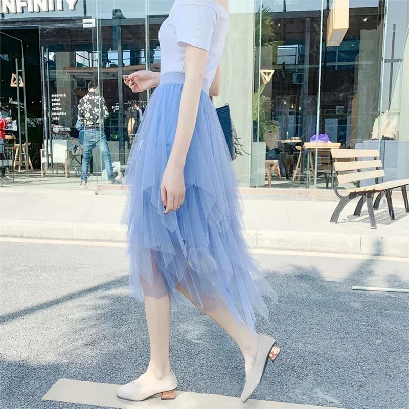 Fashion Summer  Women Skirt Harajuku Tulle Bottom Faldas Casual High Waist Midi Mesh Skirts Woman Clothes Saia Jupe Femme