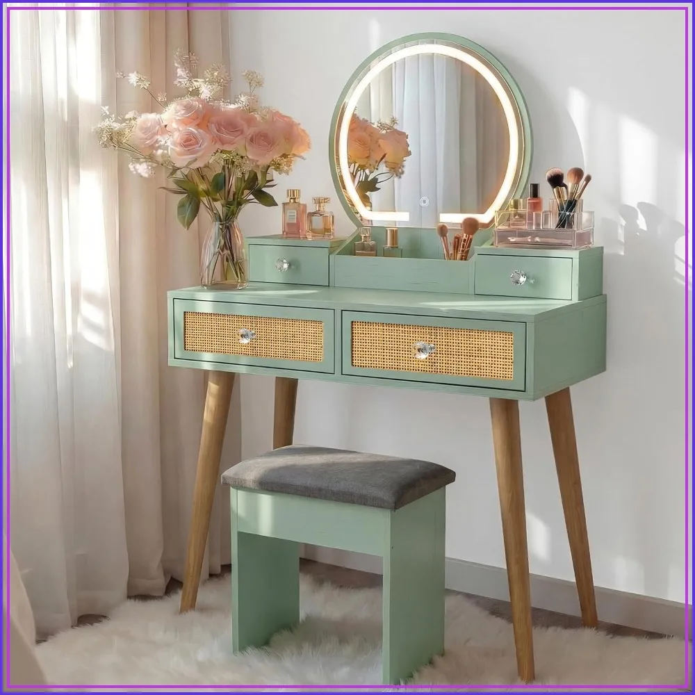 Small Vanity Desk Set with 3 Modes Adjustable Lighted Mirror, 31 Inch Makeup Table