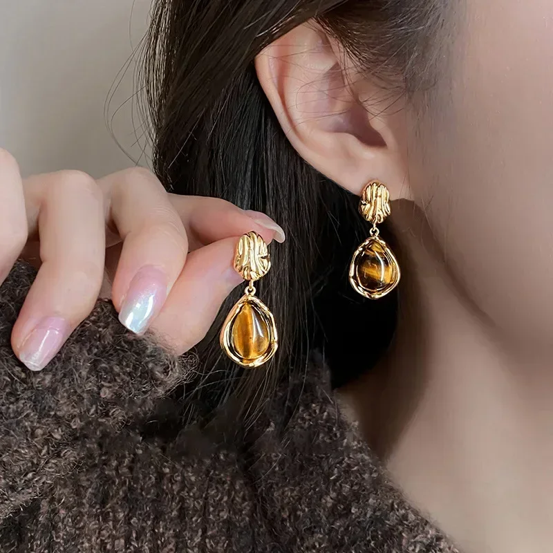 DREJEW Vintage Brown Tiger Eye Stone Earrings for Women Fashion Silver Needle Drop Earring Personality Irregular Jewelry Gifts