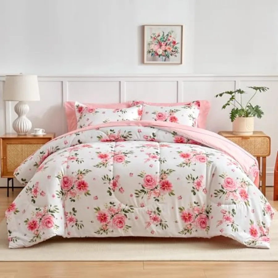 

Comforter Sheet Set Bed in a Bag 7 Pieces Queen Size Dark Floral Microfiber Bedding Set 1 Comforter 2 Pillow Shams 1 Flat Sheet