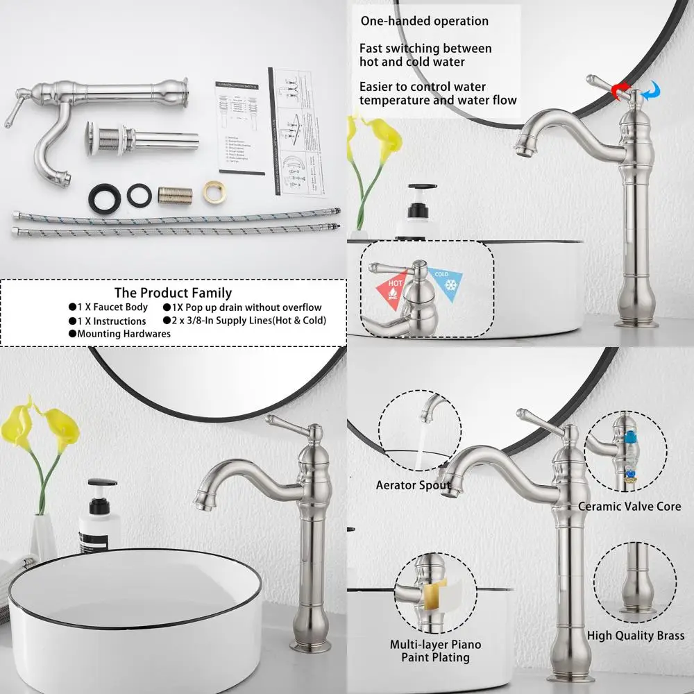 

Single Handle 360° Swivel Vessel Sink Faucet with Pop-Up Drain, Brushed Nickel Finish