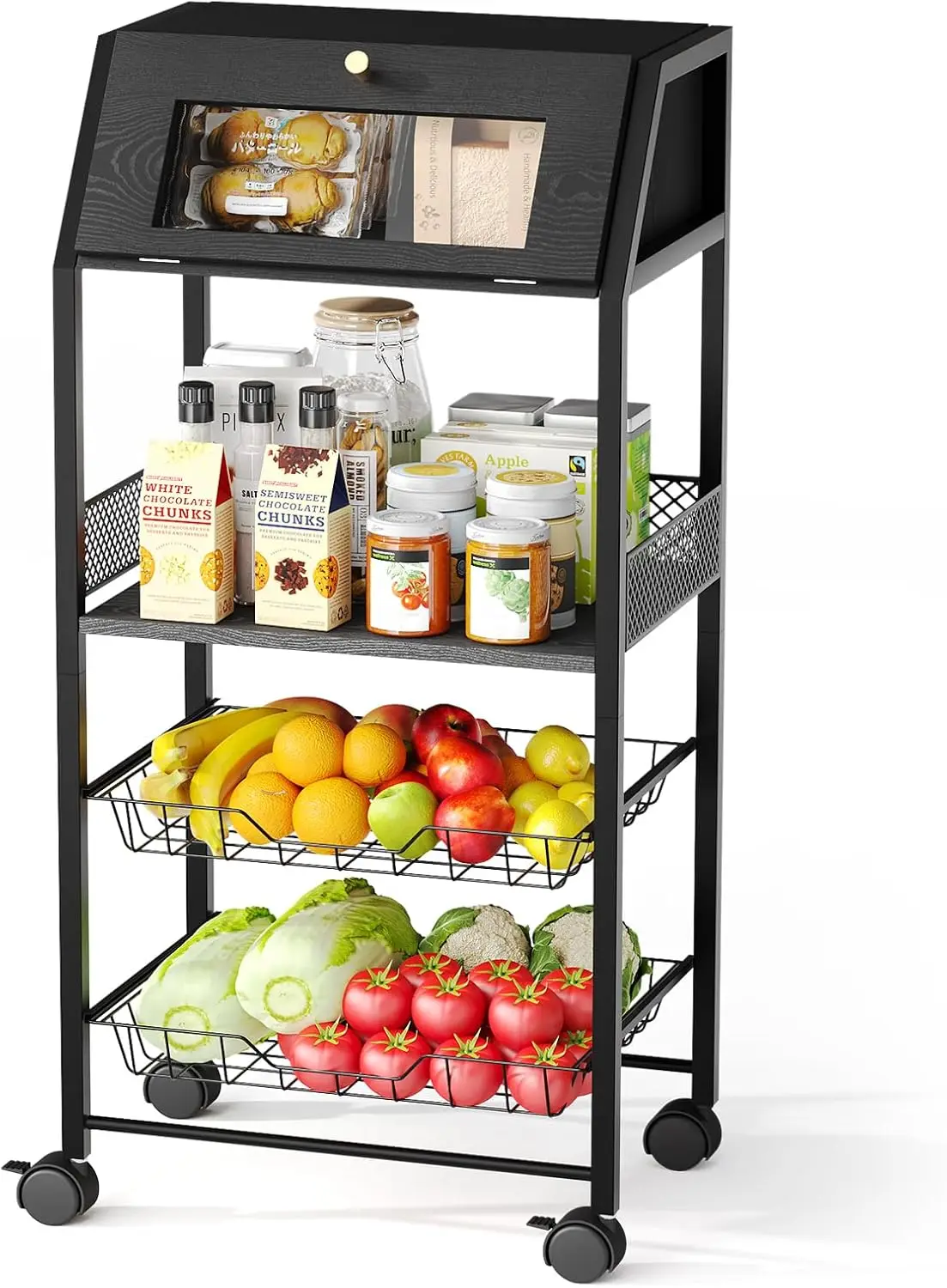 

Kitchen Cart with Bread Box and 2 Pull-Out Wire Baskets - 4-Tier Storage Cart on Wheels with Lockable Casters, Wood Top