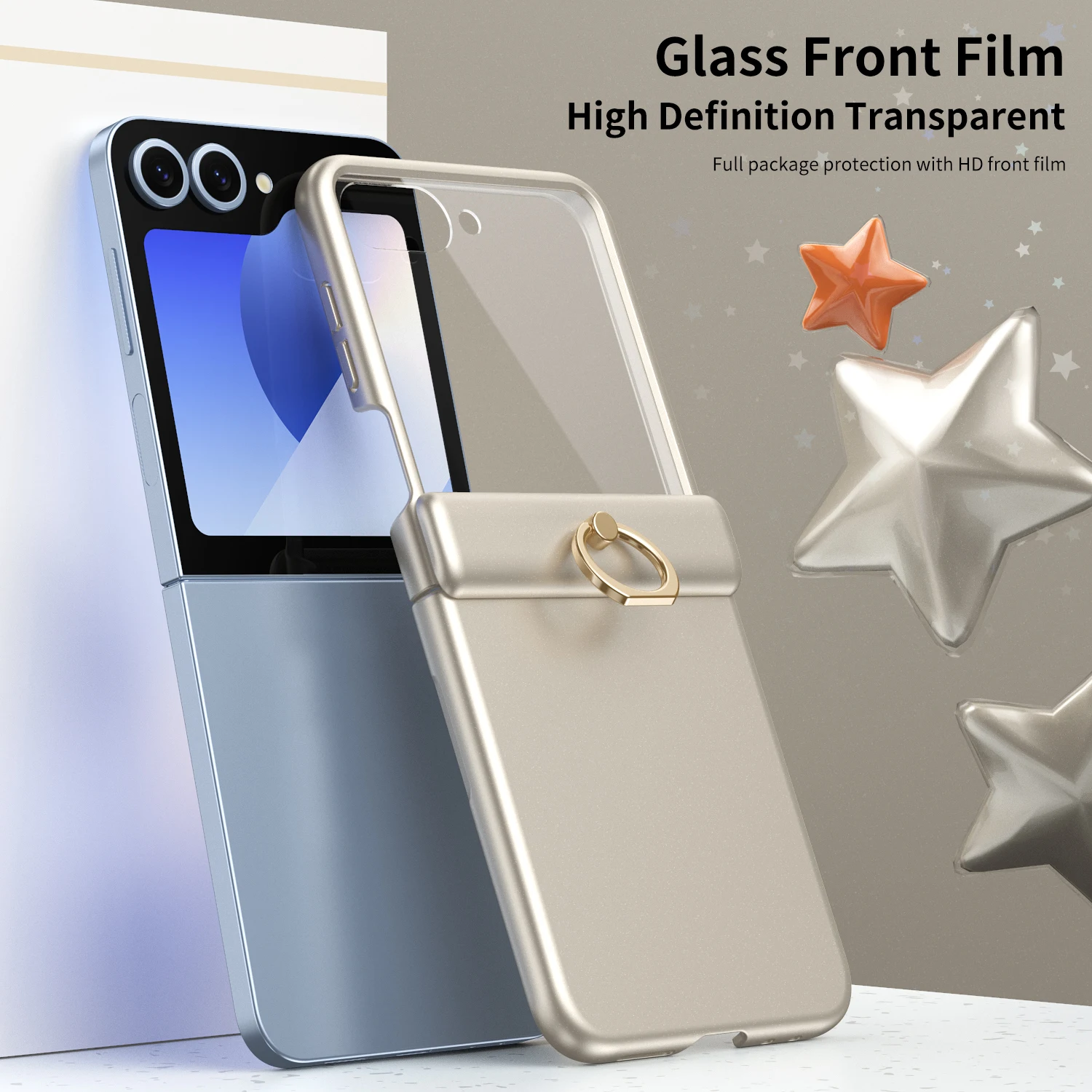 Luxury Glass Front Film Ring Bracket Chrome Case For Samsung Galaxy Z Flip 5 6 Hinge Cover