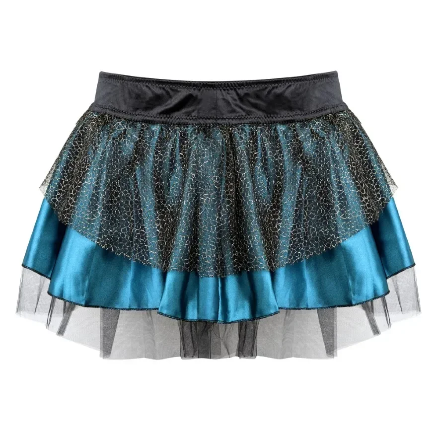 Mini Pleated Skirts Women Multilayer Mesh Tulle Skirts Adult Tutu Dance Skirt Plus Size Peacock Blue/Black Party Stage Costume