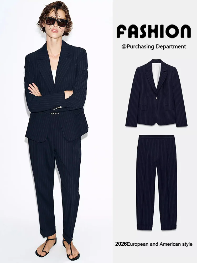 

Весенняя новинка: женский костюм с полосатыми брюками, европейский стиль, модный укороченный жакет с длинными рукавами