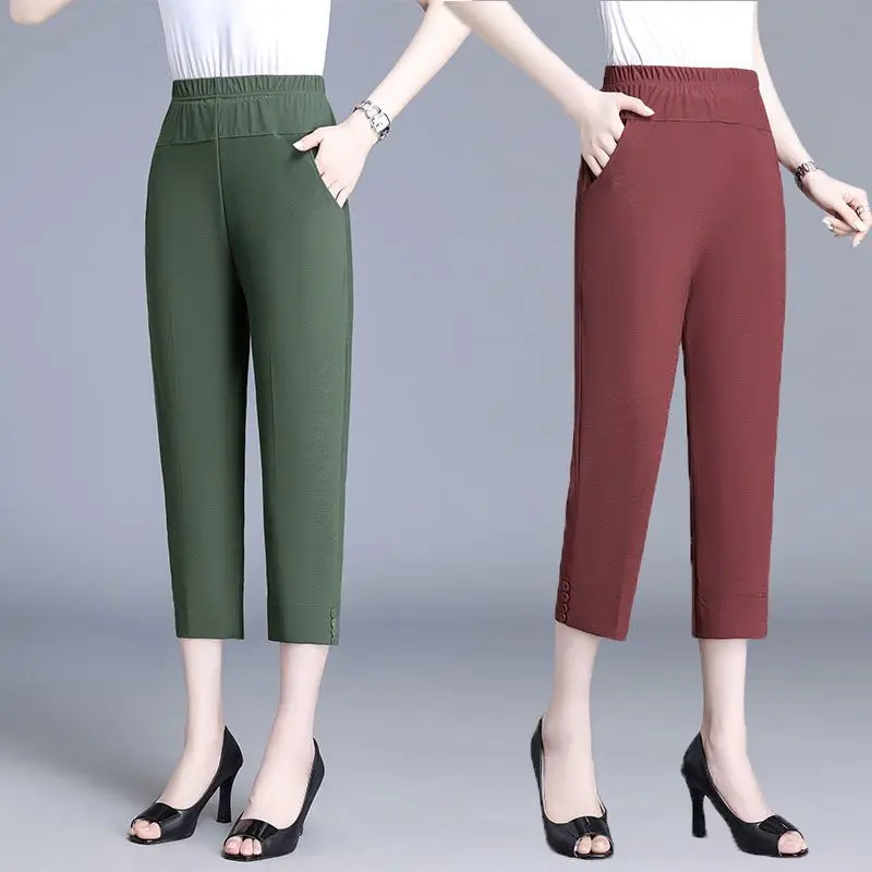 

Mom's Pants Thin Summer Casual Women's Pants For Middle-aged And Elderly Women Loose High Waisted Elastic Waist Capris Pants