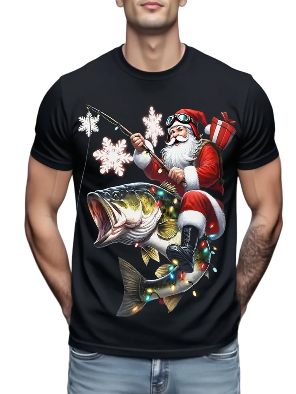 

Santa Claus fisherman style men's top, loose printed Christmas pattern T-shirt, hip-hop outdoor fashion t shirts for man