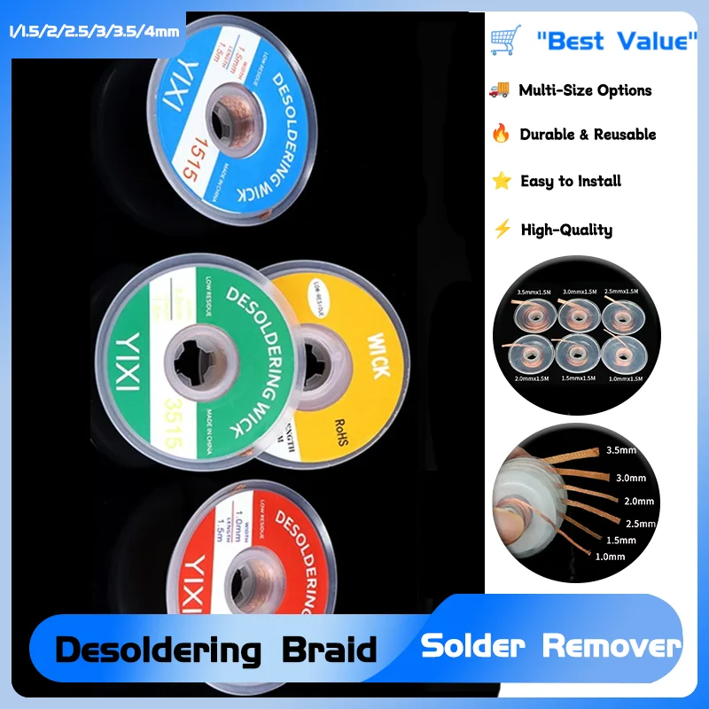 

Wire Welding Tin Sucker Cable Lead Cord Flux Repair Tool 1/ 1.5/ 2/ 2.5/ 3/ 3.5/ 4mm Desoldering Braid Solder Remover Wick 1.5M