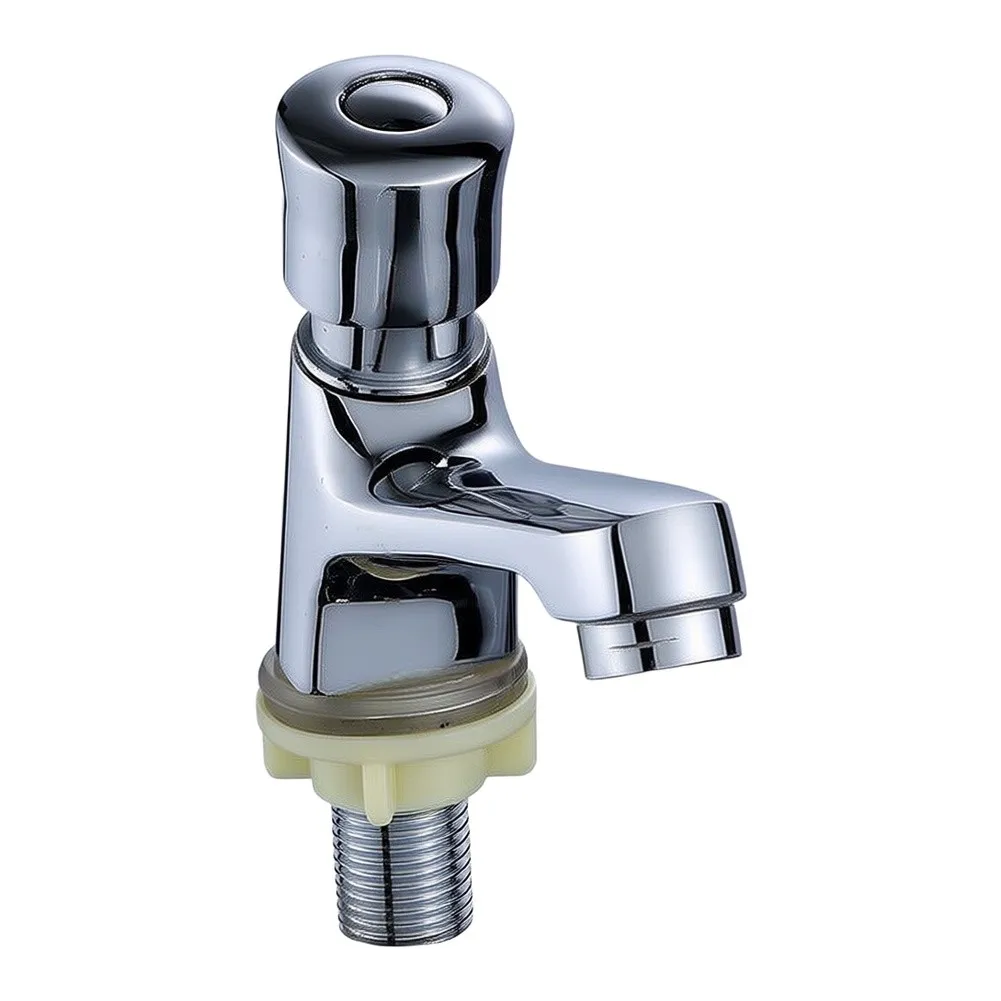 Modern Simple Copper Wall Mount Basin Faucet with Press Type Delay Function Electroplated Silver Finish 16.5x12x6cm