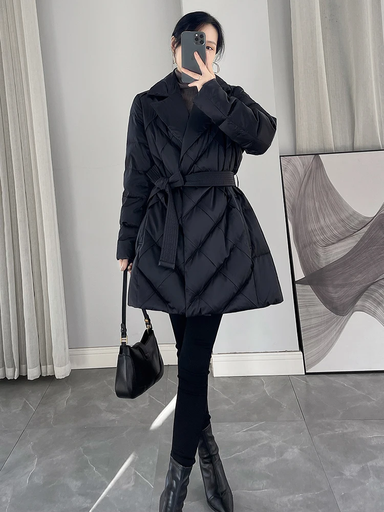 

Bla Belted Mid-Length White Du down Jaet Women's Suit Collar Slimming Thiened Winter New Sle Commute Sle Faion