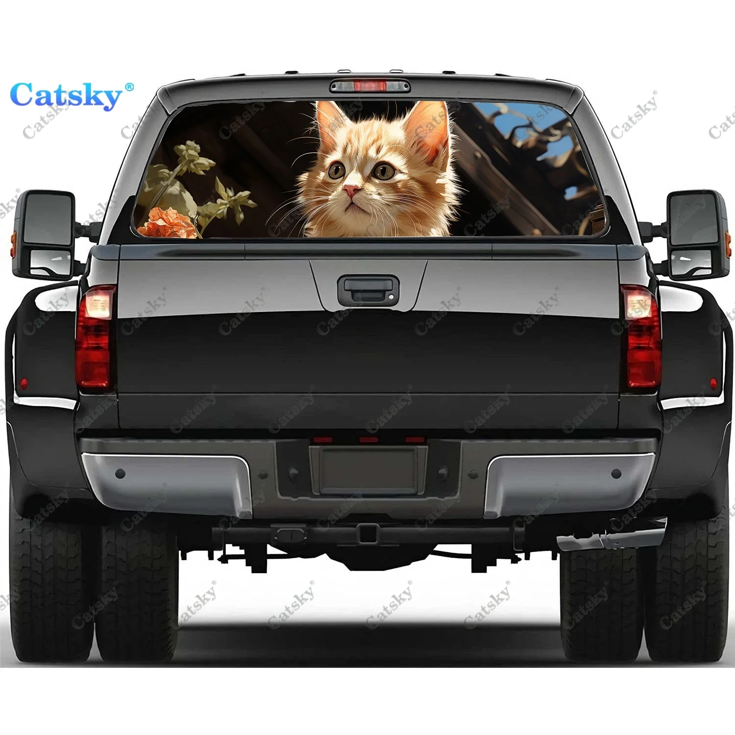 Cute Furry Cat Relaxing Rear Window Decal Fit Pickup,Truck,Car Universal See Through Perforated Back Window Vinyl Sticker