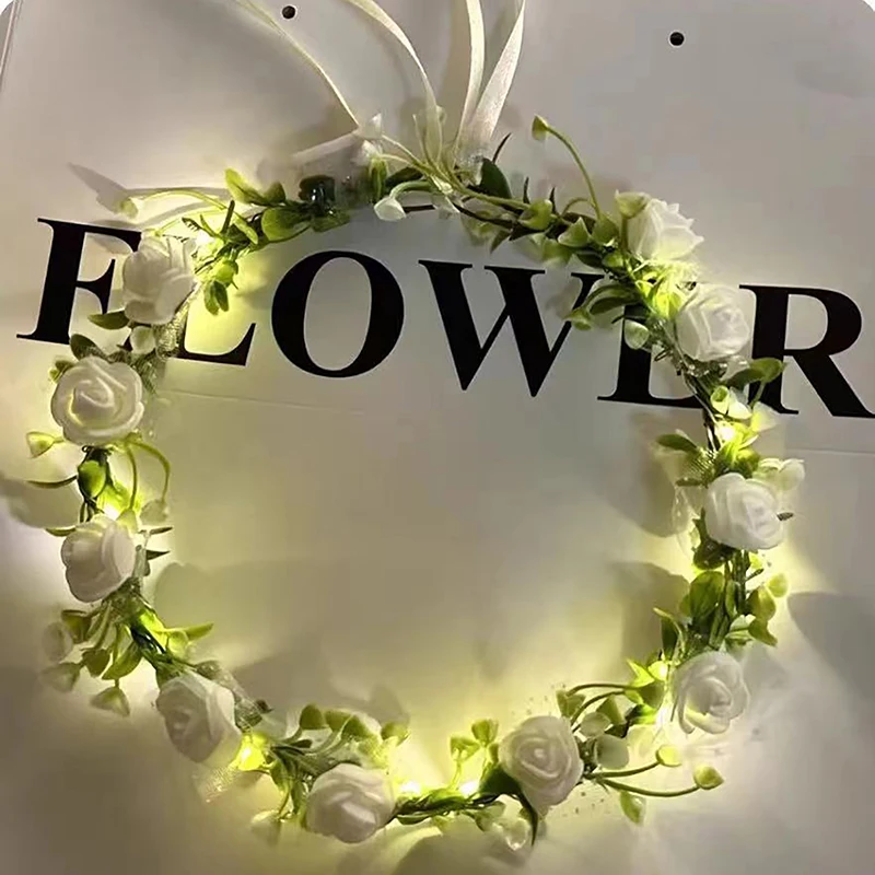 Women Girl Forest Style Luminous Wreath Rural Wedding Plant Flower Wreath Headwear LED Light Wreath Garland Decoration Hairband