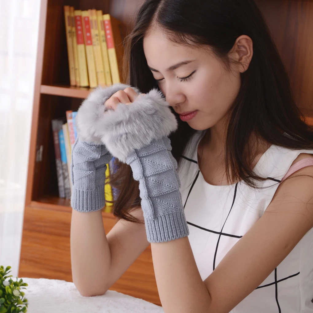 1 Pair Women Girls Winter Fuzzy Knitted Gloves Winter Autumn Texting Gloves Half Mittens Wrist Warmer