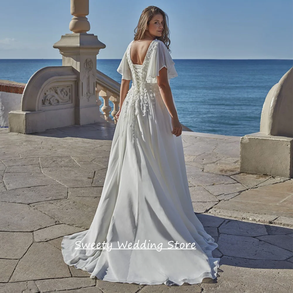 Plus Size Wedding Dress Robe De Mariage Customized Batwing Sleeves V Neck Flower Lace Sweep Train Chiffon Beach Bridal Gown