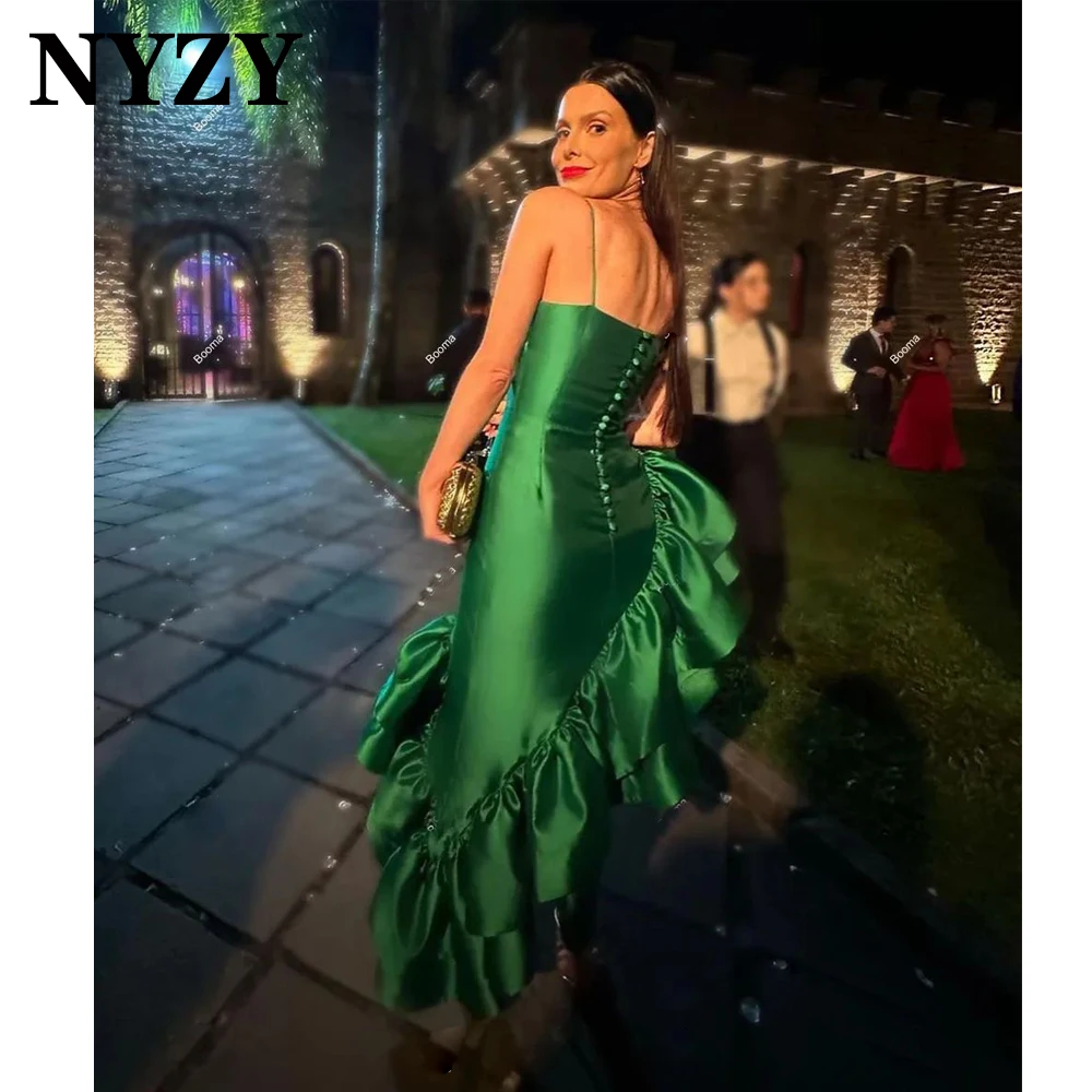 NYZY P153 Customized Chic Green Satin High Low Tiered Ruffles Prom Dresses 2025 Evening Party Gowns