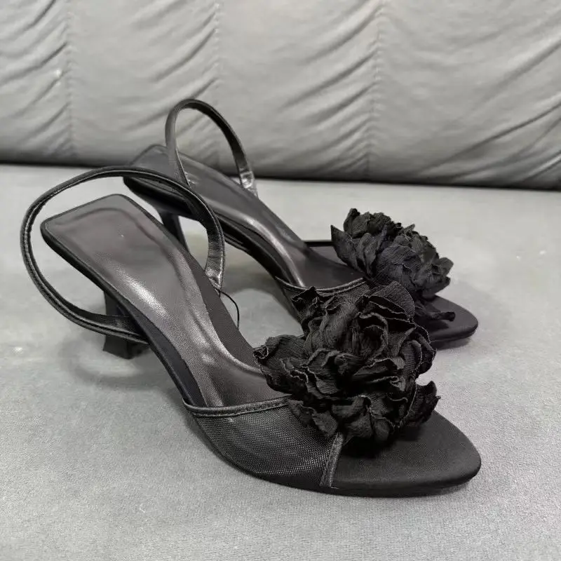 TRAF Women Black Flower Peep Toe High Heeled Sandals Chic Mesh Slingback Heels 2024 Elegant Lady Office Casual High Heeled Pumps