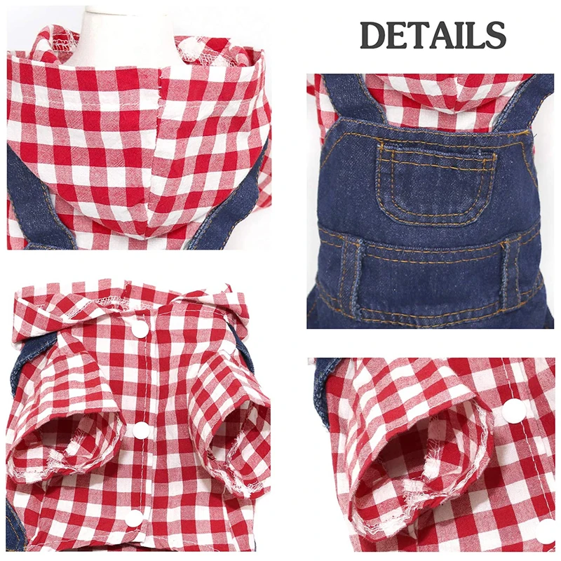 Dog Denim Jumpsuits Striped Plaid Puppy Cat Hoodie Overalls Yorkie French Bulldog Clothes Jean Jacket Pet Outfits for Small Dogs