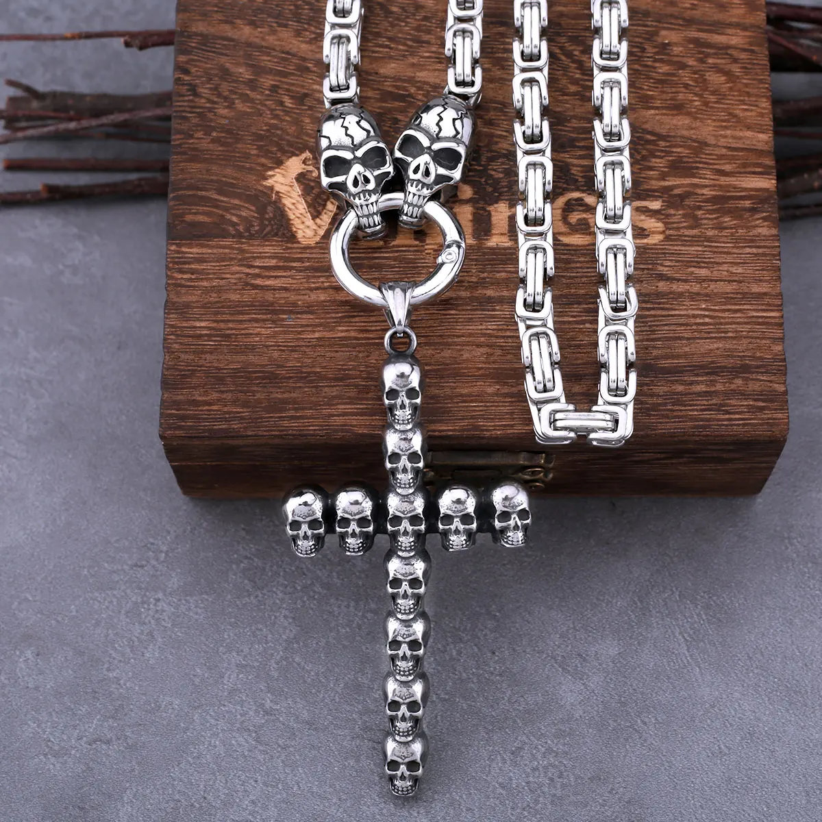 Stainless Steel Cross Skull Pendant with Skull Square Necklace Men's Charm Gothic Pendant Necklace Fashion Street Jewelry Gift