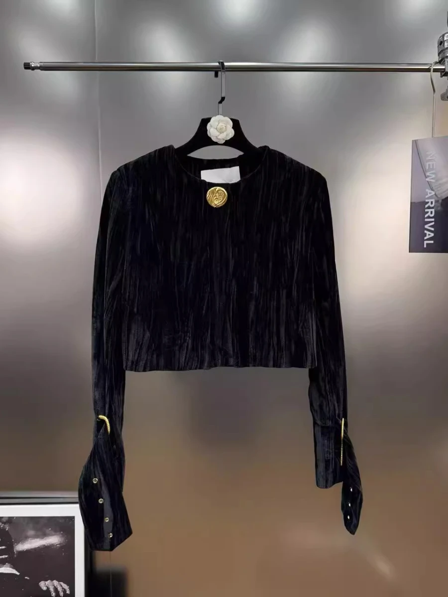 CHICEVER الفرنسية الفاخرة المخملية معطف قصير للنساء س الرقبة طويلة الأكمام المرقعة مشبك معدني أنيقة الرجعية سترة الإناث جديد