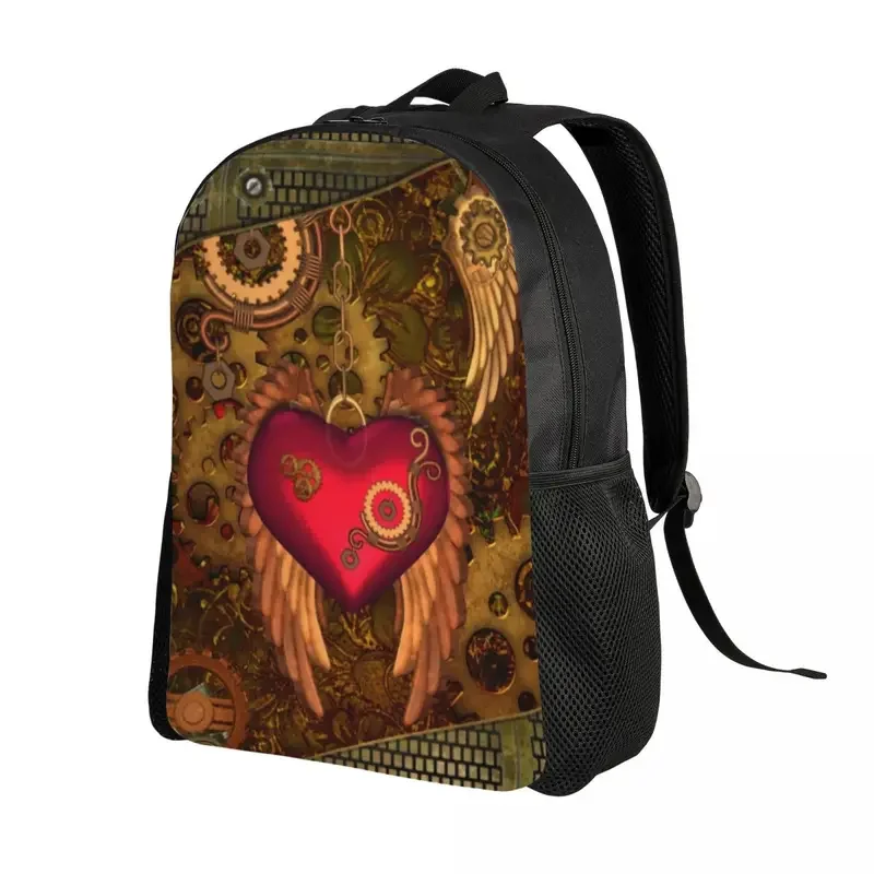 Mochilas con estampado 3D de corazón Steampunk con alas para ordenador portátil, morrales de Metal con engranajes mecánicos, mochilas escolares universitarias, bolsa de libros para computadora portátil de 15 pulgadas