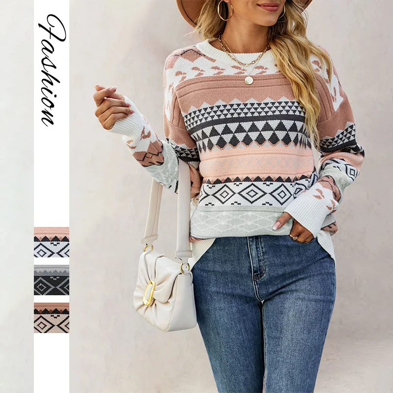 Sweater Women 2025 Autumn New Geometric Pattern Splicing Knitted Fashion Tops Retro Sweater for Women 3