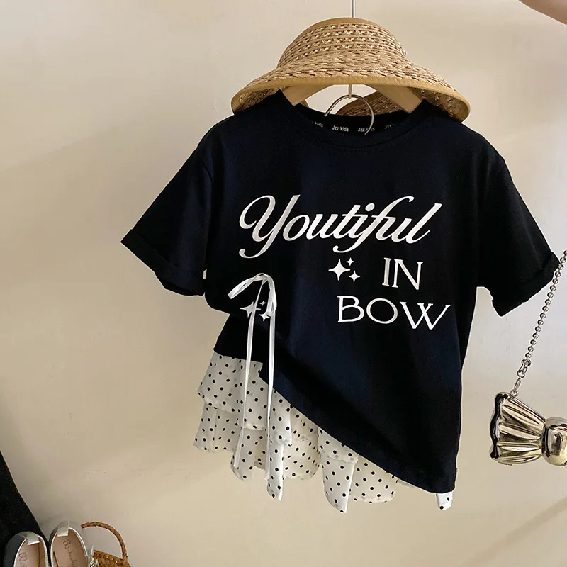 

Baby Kids Set 2024 Summer New Girls Letter Bow T-shirt Top Fashion Wave Dot Cake Skirt Children Suit Outfits