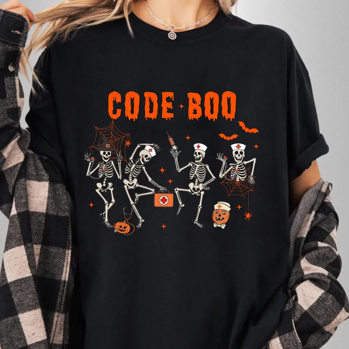 

Boo Halloween Skeleton T-Shirt Halloween Nurse T-Shirt Harajuku Casual T-Shirt Men's Women's Fashion T-Shirt Streetwear Y2k Top