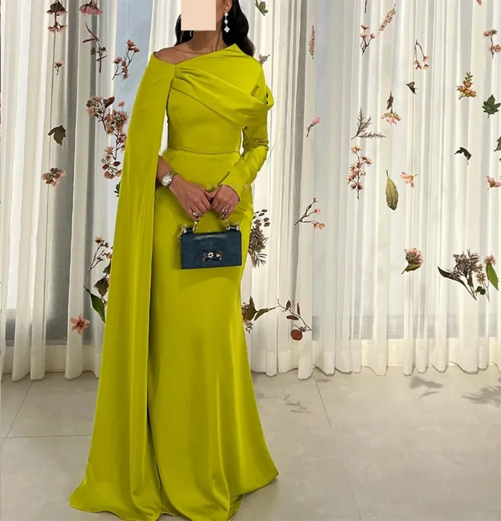 Meetlove personalizado amarelo até o chão mancha bainha vestidos de noite com xale para mulheres vestidos de baile de celebridades