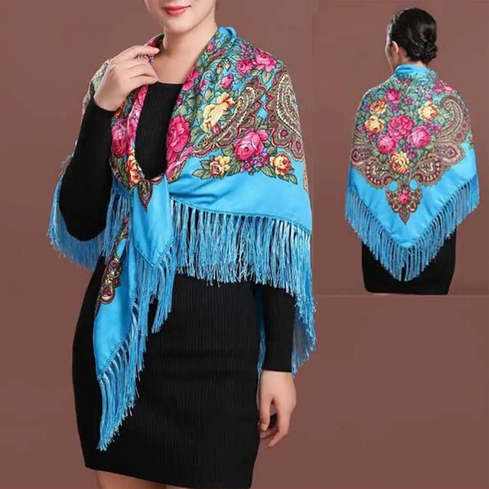 Bohemian Ethnic Shawl Scarf with Tassel Flower Print Square Fringed Head Wrap Wedding Women Wrap Scarf Floral Fringed Scarf Wrap