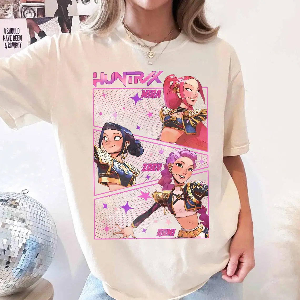 

Ретро Kpop Demon Hunters Comfort Colors футболка подарок для женщин Jinu Manga Kpop Huntrix PIN Demon Hunter Merch Saja Girls Fan