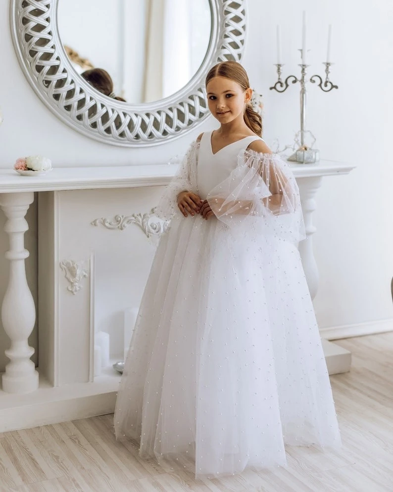 

Tulle Bow Pearl flower girl dresses Tutu Tulle Satin Junior bridesmaid Baby pageant dress for girls ball gown party and wedding