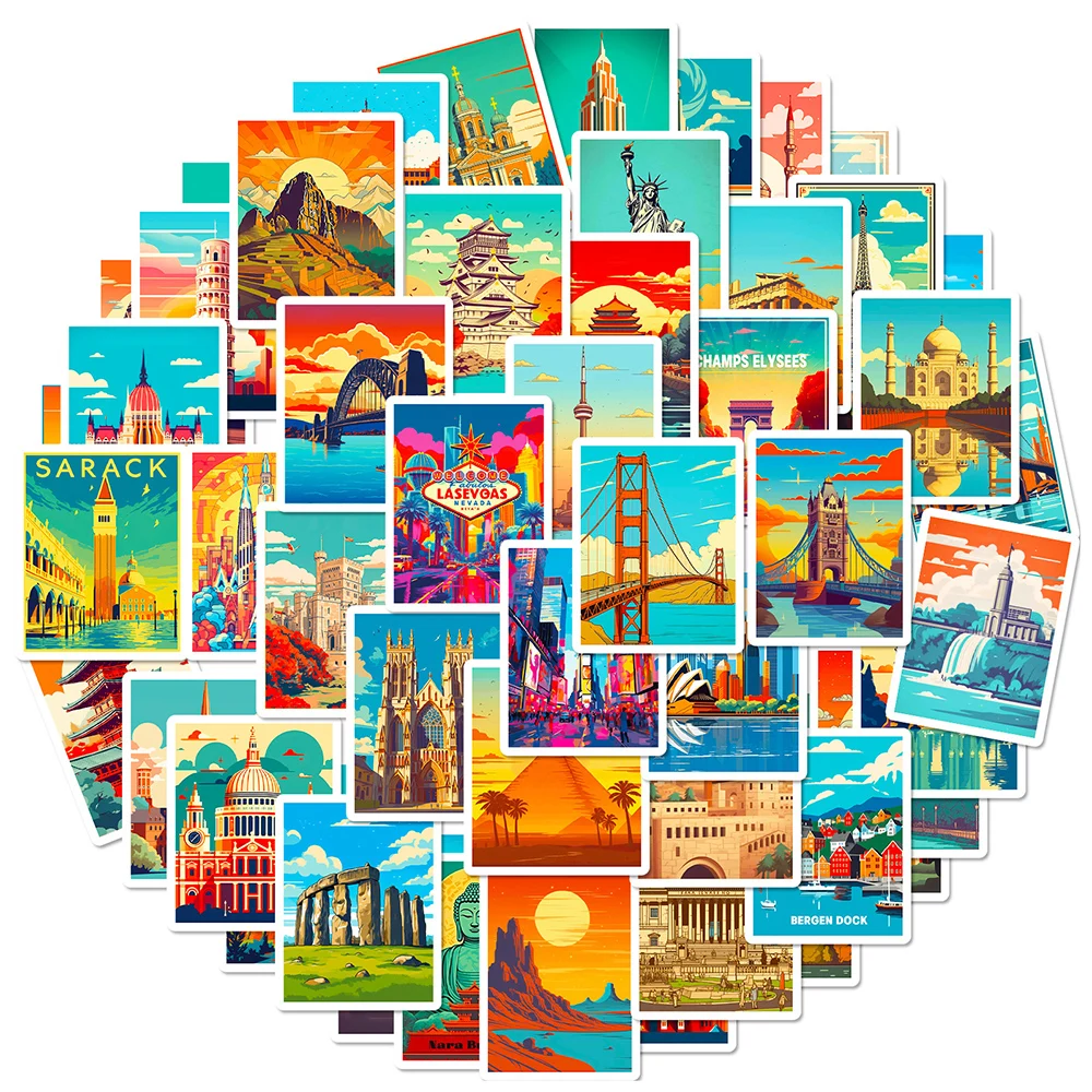 10/30/50pcs Cartoon World Famous Buildings Stickers Aesthetic City Landmark Decals Laptop Notebook Decoration Sticker Kids Toy