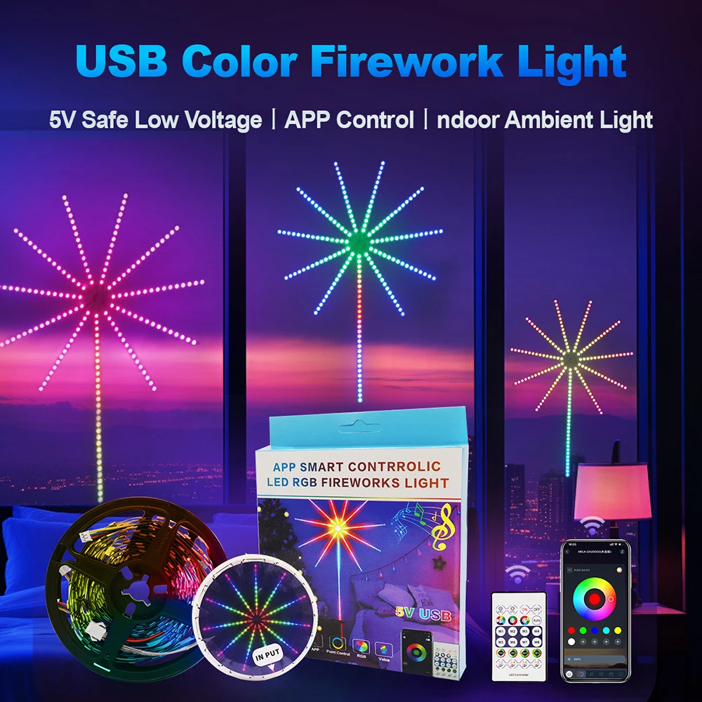 USB WS2812B Firework Light Kit DC5V LED Light Individually Addressable Led Strip Module 28Key Remote Bluetooth App Music Control