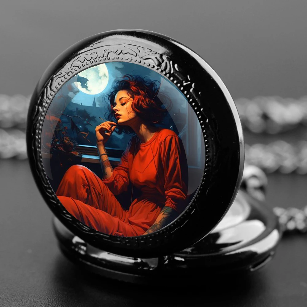 Depressed woman Design Glass Dome Quartz Pocket Watch With Durable Chain Arabic Numeral Dial For Men And Women Creative Gifts