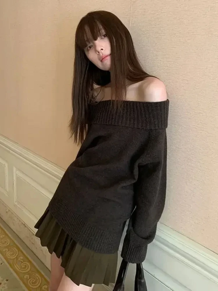 

HOUZHOU Vintage Sexy Off Shoulder Sweater Women Solid Japanese Style Knitwear Y2k Long Sleeve Jumper Slash Neck Causal Harajuku