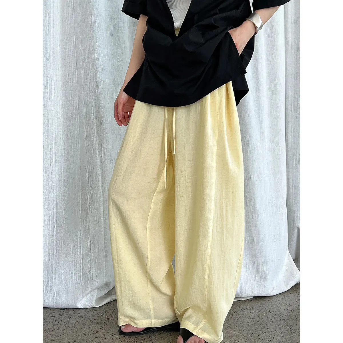 

Solid Wide Leg Pants Women Straight Trousers Full Lenth High Drawstring Waist Slight Strech Loose Office Lady Casual 2026 Spring