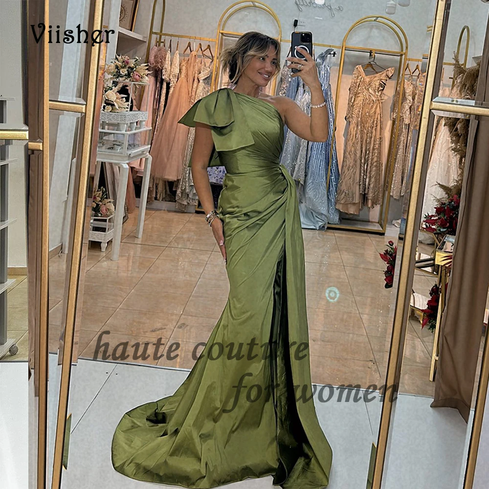 

Olive Green Taffeta Mermaid Evening Dresses One Shoulder Pleats Long Arabian Formal Prom Dress with Slit Evening Party Gowns