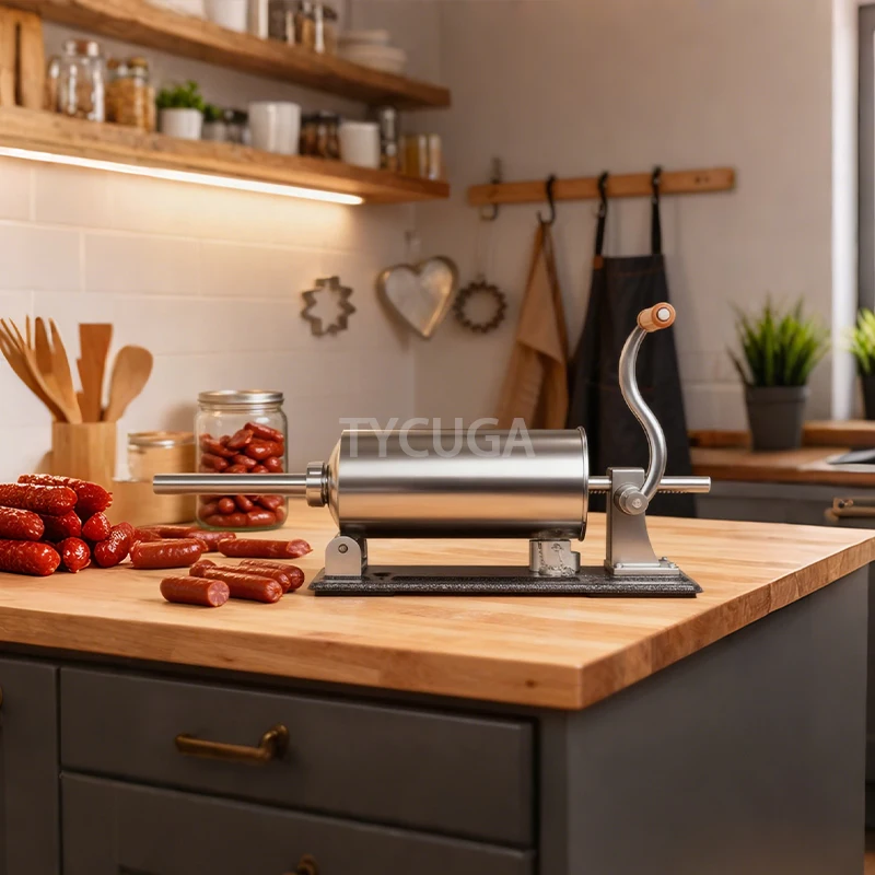 الفولاذ المقاوم للصدأ السجق ستوفير دليل أفقي صانع السلامي 8.8L آلة تعبئة السجق لصنع سلامي لحم الخنزير أحجام مختلفة