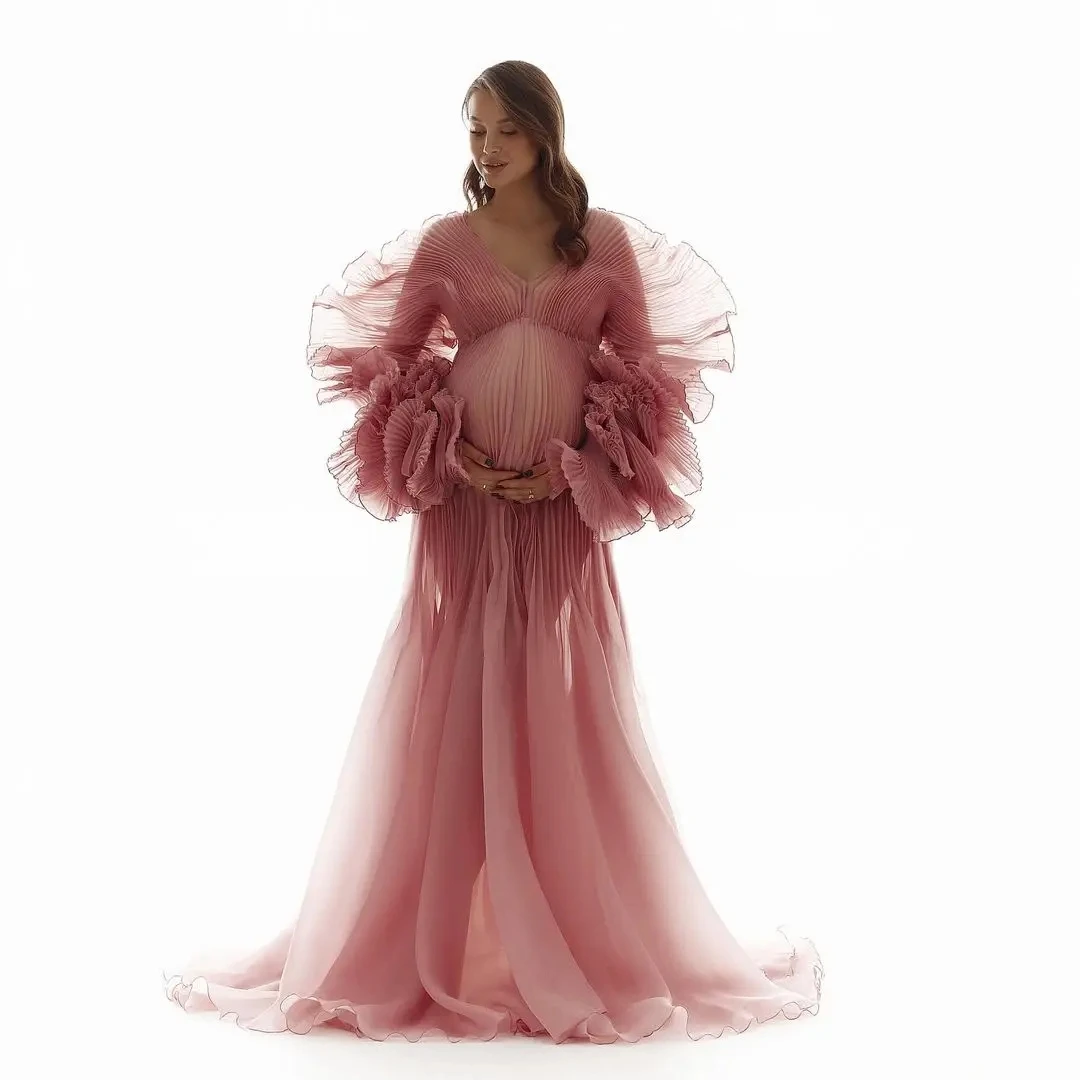 Pink Transparent Maternity Dresses Photoshoot Long Sleeves Flare Maternity Gowns Babyshower Ruffle Pink Pregnant Dress V Neck